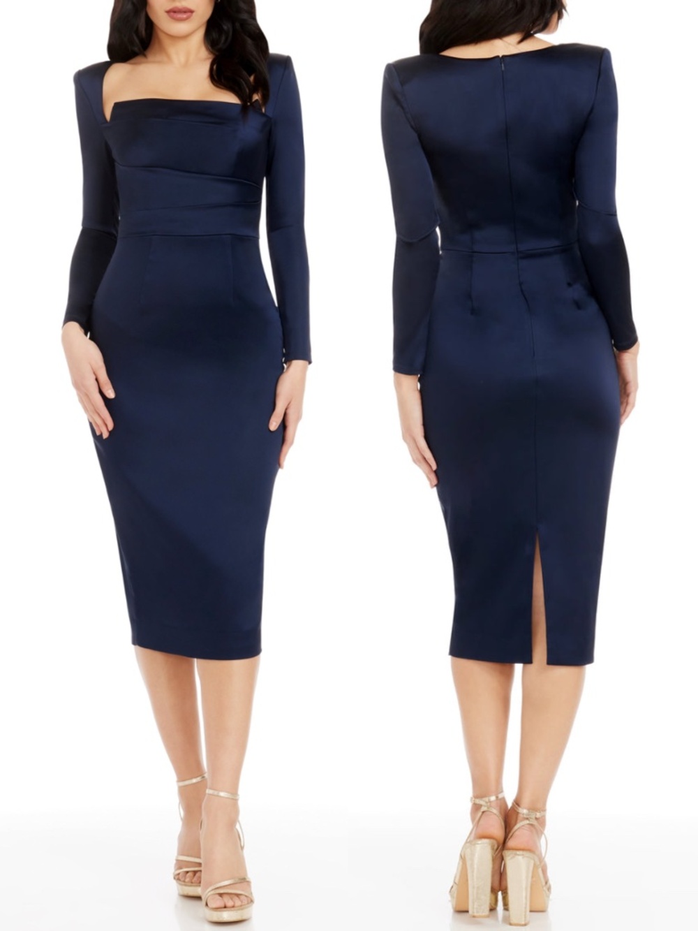 NEW DRESS THE POPULATION Navy PAMELA Long Sleeve SATIN Cocktail SHEATH DRESS S